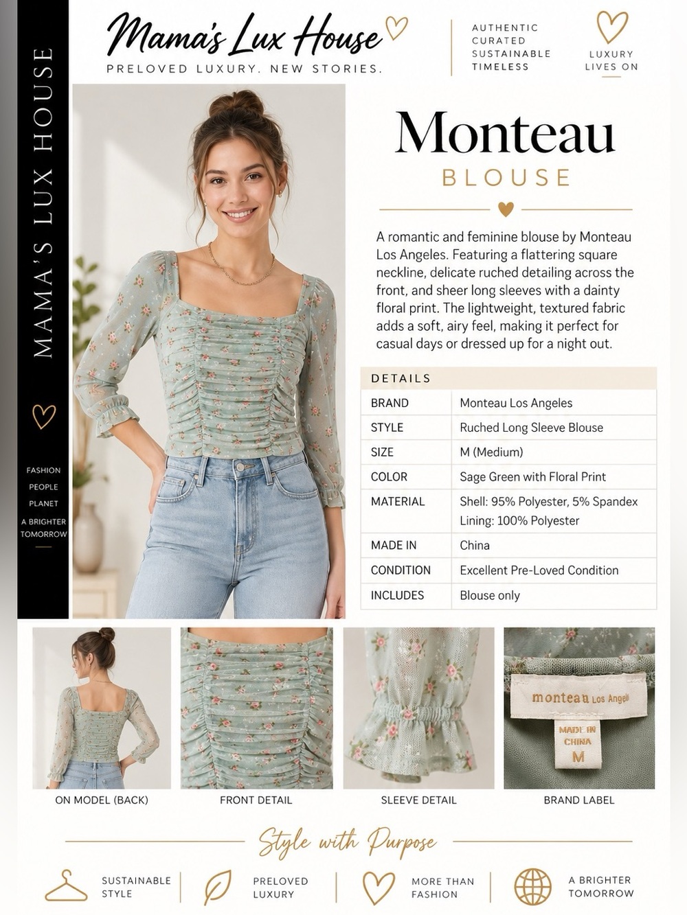 Monteau Sage Green Floral Ruched Square Neck Blouse